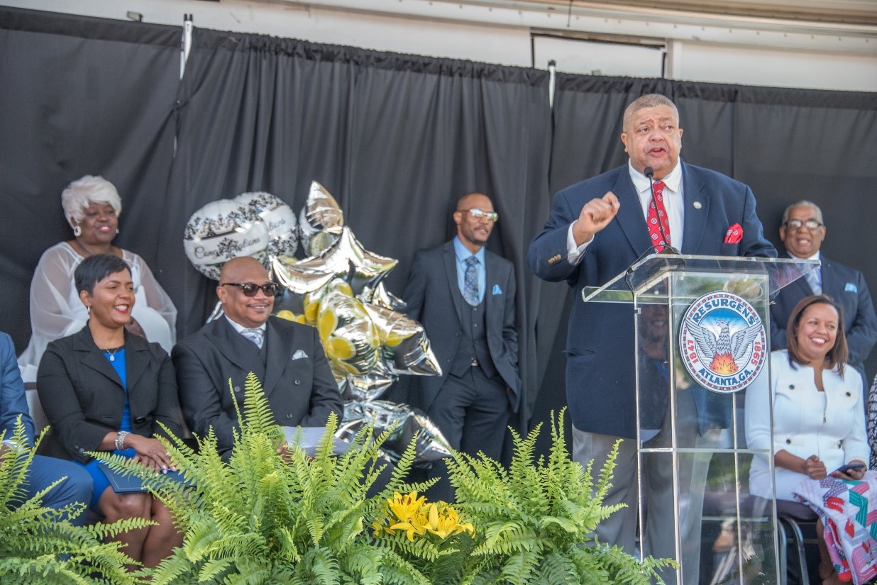 Atlanta City Councilman Ivory Young speaking at the groundbreaking of Legacy at Vine City.