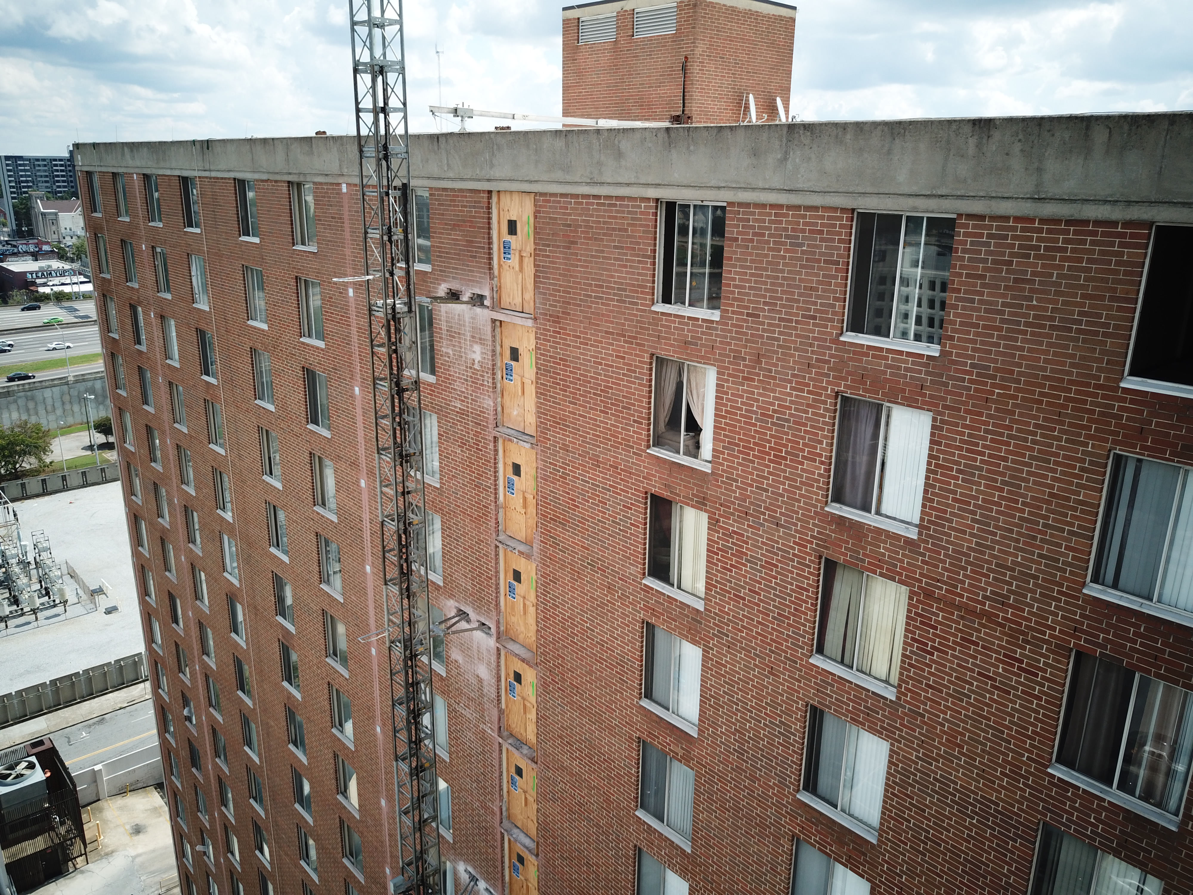 Drone shot of Bethel Towers in downtown Atlanta. 